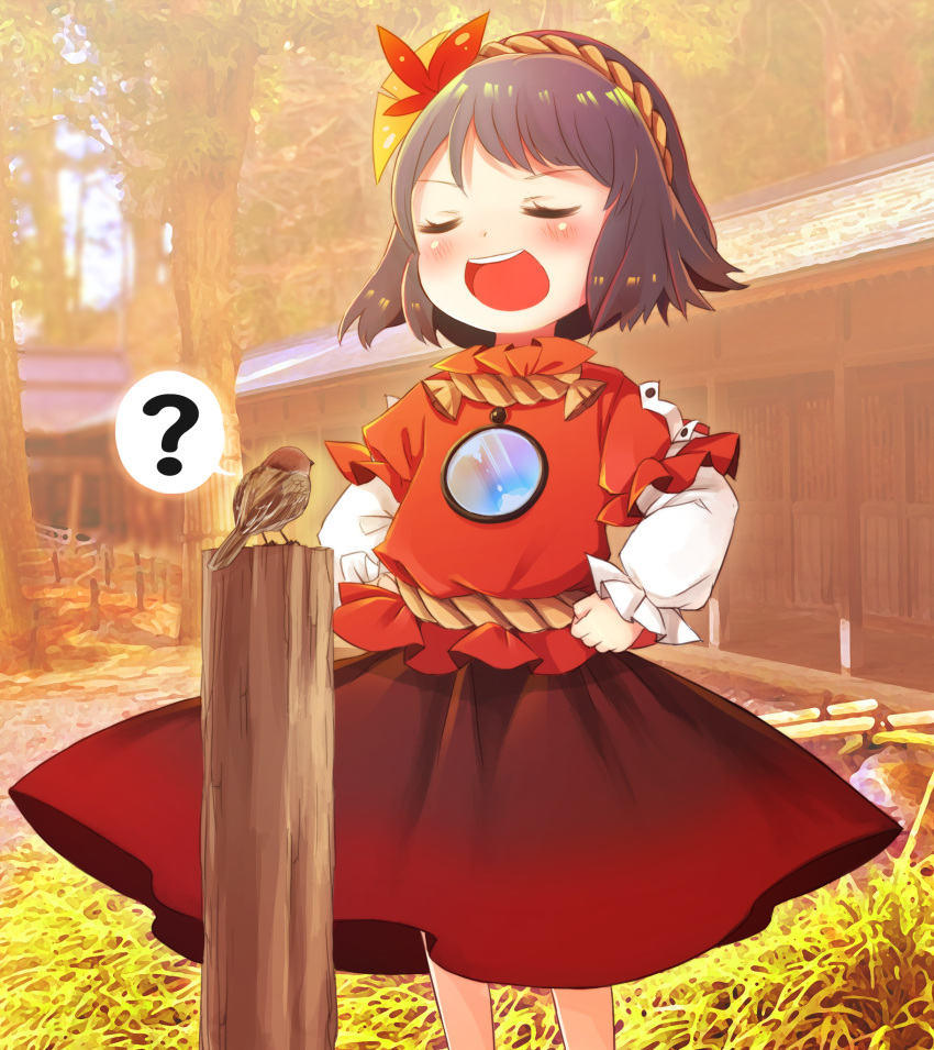 ? bangs bird blush clenched_hands grass hair_ornament hands_on_hips highres leaf_hair_ornament long_sleeves mirror open_mouth puffy_short_sleeves puffy_sleeves purple_hair red_shirt red_skirt rope shimenawa shirt short_hair short_over_long_sleeves short_sleeves shrine skirt sparrow tatuhiro touhou tree yasaka_kanako younger