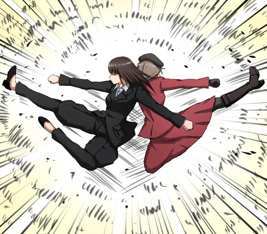 2girls action back-to-back beret black_footwear black_gloves black_hair black_headwear black_jacket black_legwear black_pants boots brown_hair clenched_hand closed_mouth commentary dress_shirt emphasis_lines flats flying_kick formal frown girls_und_panzer gloves hat high_heel_boots high_heels highres jacket kicking long_hair long_skirt long_sleeves motion_lines multiple_girls nishizumi_shiho omachi_(slabco) pant_suit pants pantyhose red_jacket red_skirt shaded_face shimada_chiyo shirt skirt skirt_suit straight_hair suit white_shirt