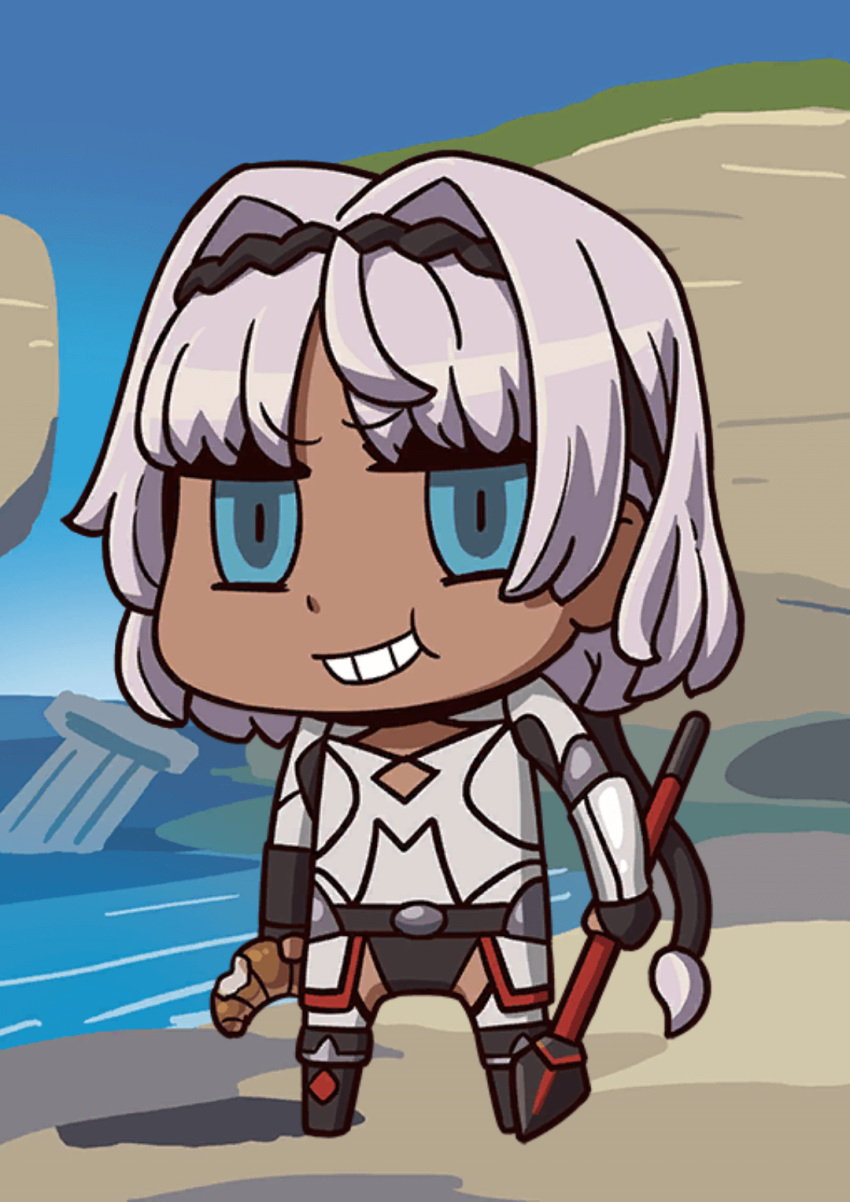 1girl :t april_fools armor bangs bite_mark blue_eyes caenis_(fate) chibi croissant dark_skin dark-skinned_female fate/grand_order fate_(series) food grin highres holding holding_food holding_spear holding_weapon long_hair looking_at_viewer low_ponytail official_art polearm riyo_(lyomsnpmp) silver_hair smile solo spear very_long_hair weapon