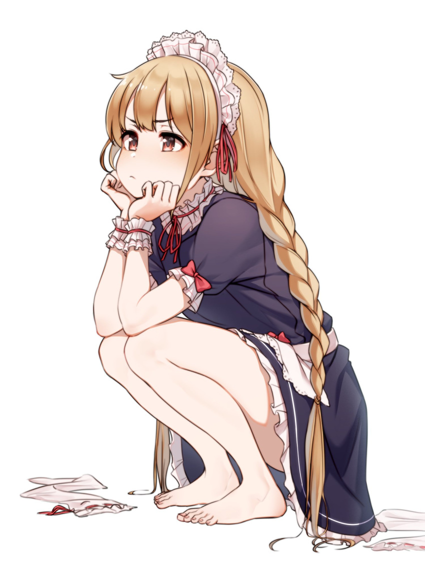 1girl alternate_costume bare_legs barefoot blonde_hair blush braid brown_eyes collar dress enmaided feet frilled_collar frilled_hairband frilled_sleeves frills full_body futaba_anzu hairband head_rest headdress highres idolmaster idolmaster_cinderella_girls kakaobataa legwear_removed long_hair maid maid_headdress neck_ribbon pout red_ribbon ribbon short_sleeves simple_background solo squatting thighhighs_removed toes twin_braids white_background wrist_cuffs