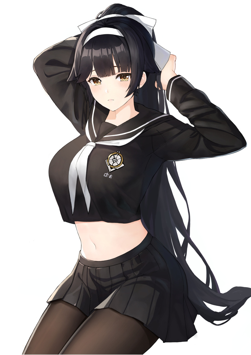 1girl absurdres ahawood arms_behind_head arms_up azur_lane bangs black_hair black_legwear black_sailor_collar black_serafuku black_shirt black_skirt blunt_bangs blush bow breasts brown_eyes closed_mouth commentary_request cowboy_shot crop_top crop_top_overhang eyebrows_behind_hair hair_bow hair_flaps hairband highres large_breasts long_hair looking_at_viewer midriff miniskirt navel pantyhose pleated_skirt ponytail ribbon sailor_collar school_uniform serafuku shirt sidelocks simple_background sitting skirt solo takao_(academy_romantica)_(azur_lane) takao_(azur_lane) very_long_hair white_background white_bow white_hairband white_neckwear white_ribbon