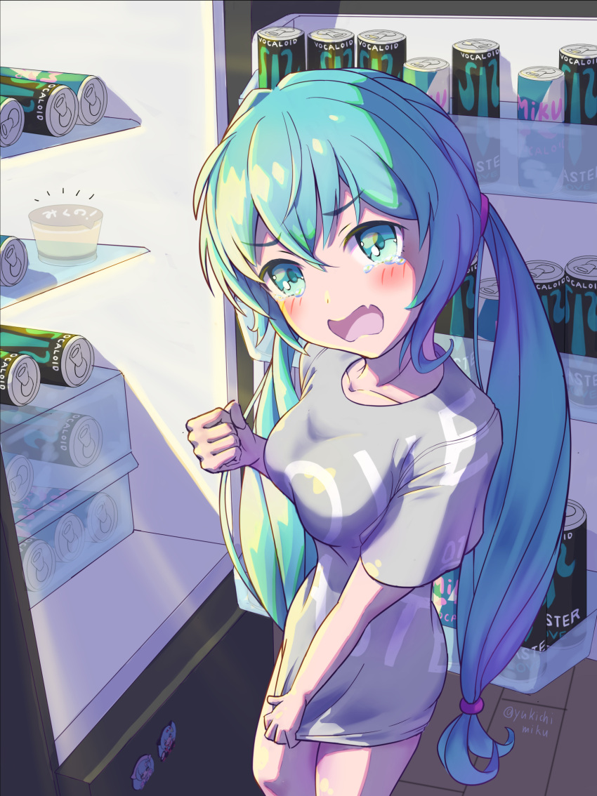1girl afterimage angry aqua_eyes aqua_hair blush brand_name_imitation breasts clenched_hand commentary cowboy_shot crying cup fang food grey_shirt hair_tie hatsune_miku highres long_hair looking_at_viewer magical_mirai_(vocaloid) magnet medium_breasts monster_energy night open_mouth pudding refrigerator shirt shirt_tug skin_fang standing tears twintails twitter_username very_long_hair vocaloid yu-ame