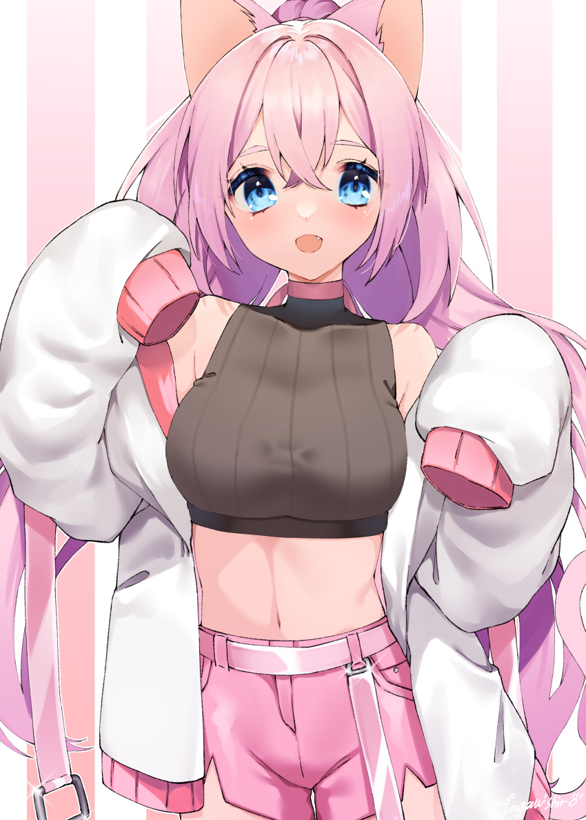 1girl :d abe_suke absurdres animal_ears bangs black_shirt blue_eyes blush breasts covered_collarbone cowboy_shot crop_top eyebrows_visible_through_hair fang hair_between_eyes hands_up high_ponytail highres jacket long_hair long_sleeves looking_at_viewer medium_breasts midriff navel open_clothes open_jacket open_mouth original pink_hair pink_shorts ponytail puffy_long_sleeves puffy_sleeves ribbed_shirt shirt short_shorts shorts signature sleeves_past_fingers sleeves_past_wrists smile solo standing striped striped_background tail_raised vertical_stripes very_long_hair white_jacket