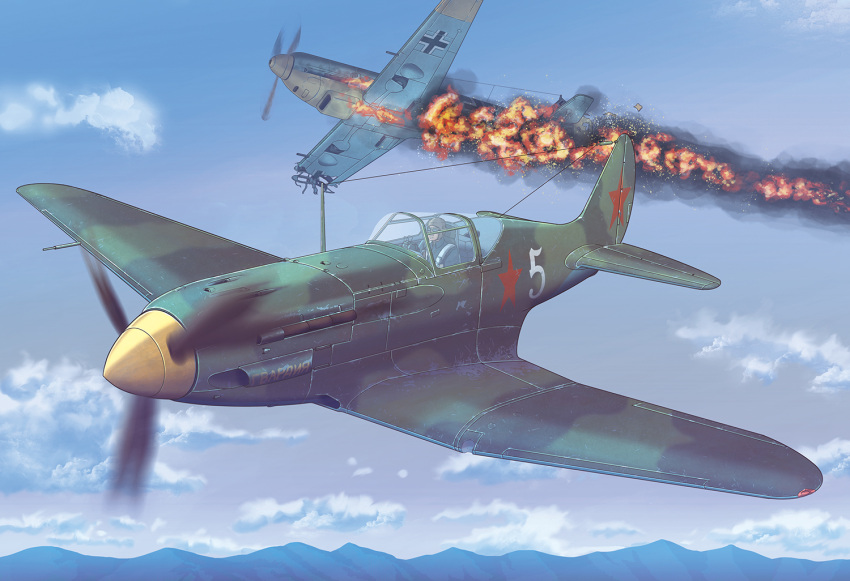 1boy aircraft airplane battle bf_109 clouds commentary_request damaged earasensha fire iron_cross mig-3 military mountain number original propeller red_star russian_text sky world_war_ii