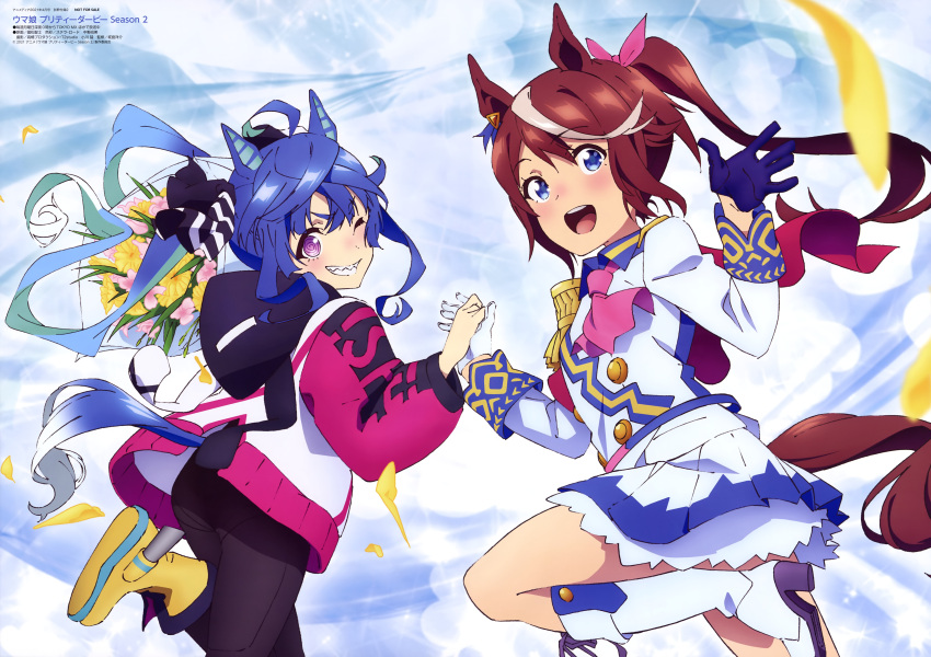 2girls @_@ absurdres animal_ears black_gloves blue_eyes blue_hair blue_skirt boots brown_hair cape gloves grin high_ponytail highres holding_hands hood hooded_jacket horse_ears horse_girl horse_tail jacket knee_boots leggings long_hair looking_at_viewer looking_back miniskirt mismatched_gloves multicolored_hair multiple_girls official_art one_eye_closed open_mouth pink_ribbon pleated_skirt red_cape ribbon sharp_teeth single_epaulette skirt smile streaked_hair tail teeth tokai_teio_(umamusume) twin_turbo_(umamusume) twintails two-tone_hair two-tone_skirt umamusume violet_eyes white_footwear white_gloves white_hair white_skirt
