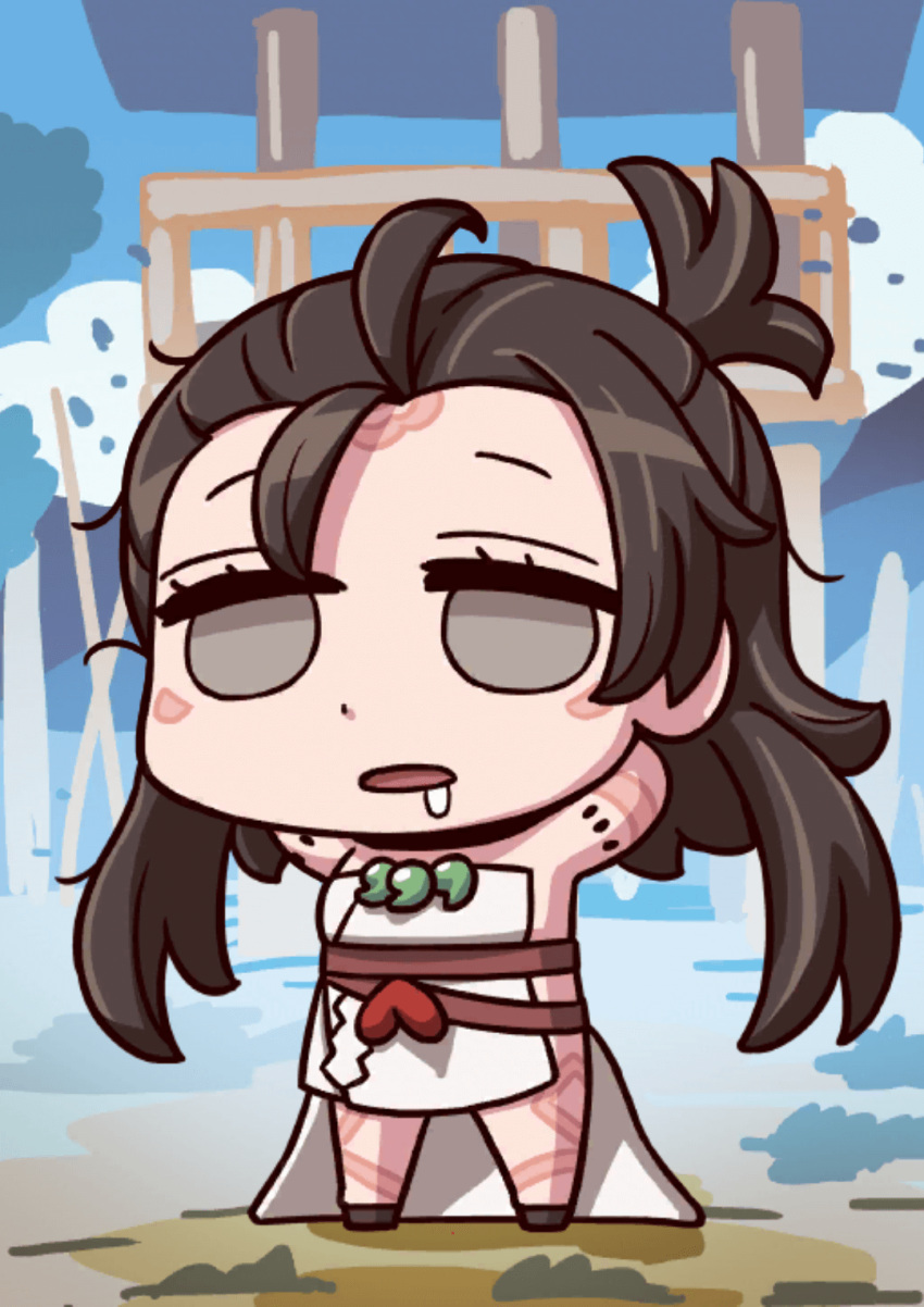 1girl april_fools arms_behind_head bare_shoulders body_markings brown_eyes brown_hair chibi dress drooling facial_mark fate/grand_order fate_(series) forehead_mark highres himiko_(fate) long_hair magatama magatama_necklace messy_hair official_art open_mouth riyo_(lyomsnpmp) sleeveless sleeveless_dress solo topknot white_dress