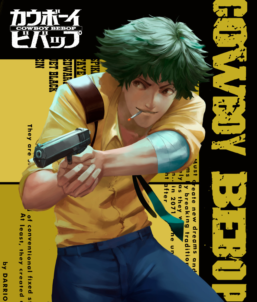 1boy absurdres aiming artist_name bandaged_arm bandages brown_eyes cigarette copyright_name cowboy_bebop darr1o english_text finger_on_trigger green_hair gun handgun highres hunched_over logo male_focus necktie pistol solo spike_spiegel weapon