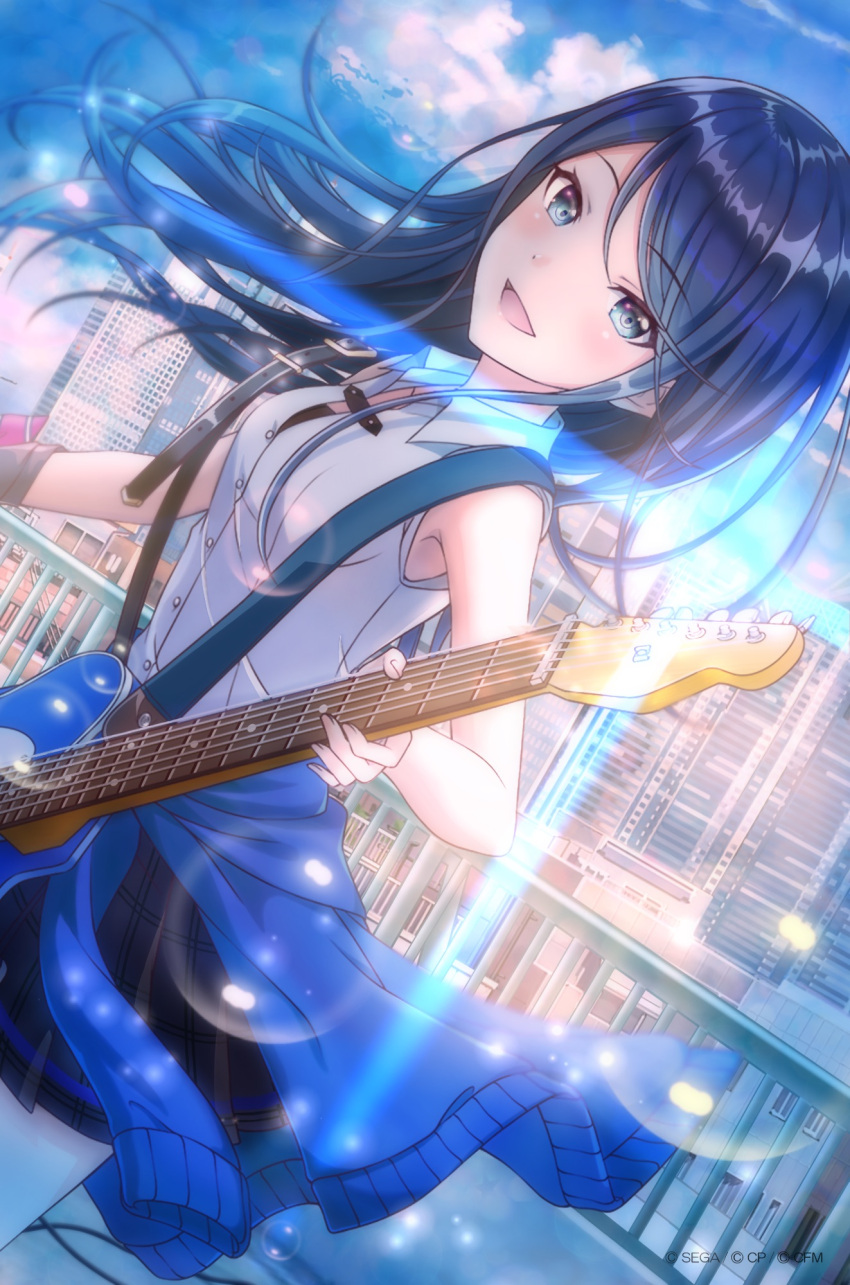 1girl :d bangs black_hair black_skirt blue_eyes blue_sweater clothes_around_waist clouds collared_shirt cowboy_shot day dress_shirt dutch_angle eyebrows_visible_through_hair floating_hair highres holding holding_instrument hoshino_ichika_(project_sekai) instrument long_hair miniskirt nakki_(toarumajyutushi) open_mouth outdoors pleated_skirt project_sekai school_uniform shiny shiny_hair shirt skirt sleeveless sleeveless_shirt smile solo standing sweater sweater_around_waist swept_bangs very_long_hair white_shirt wing_collar