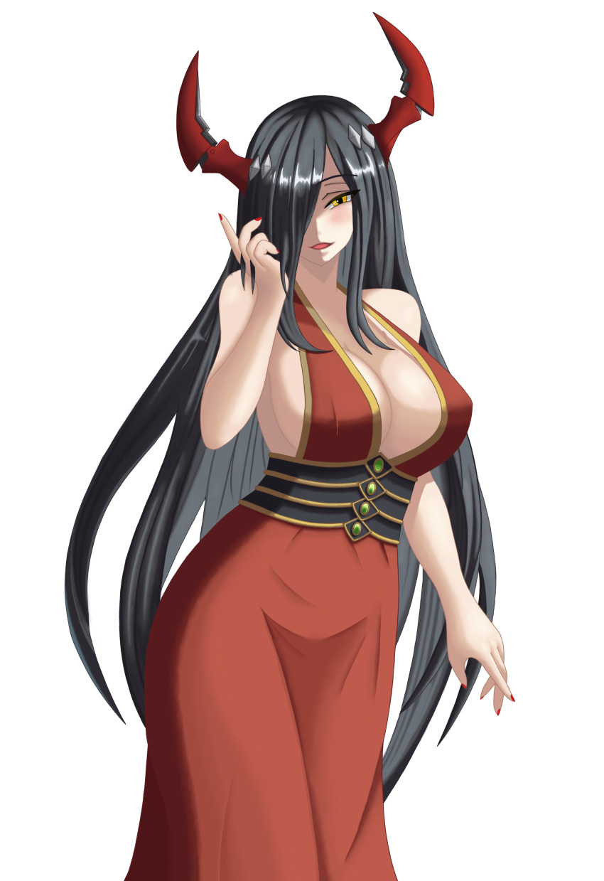 1girl absurdres alternate_costume azur_lane bare_shoulders black_hair breasts center_opening dress friedrich_der_grosse_(azur_lane) hair_over_one_eye highres horns large_breasts long_dress long_hair looking_at_viewer mechanical_horns red_dress red_horns red_nails simple_background sleeveless sleeveless_dress solo tdo very_long_hair white_background yellow_eyes