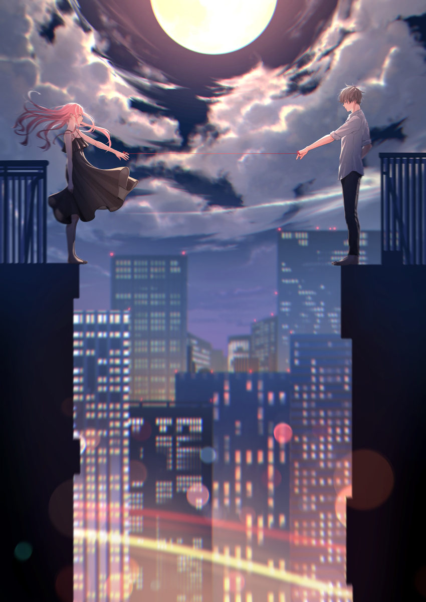 1boy 1girl absurdres black_dress black_pants blurry blurry_background brown_hair cityscape clouds dress facing_another facing_to_the_side floating_hair full_moon highres light_particles lights long_hair macaronk moon night original outdoors outstretched_arm pants pink_hair shirt sleeves_rolled_up standing string string_of_fate white_shirt