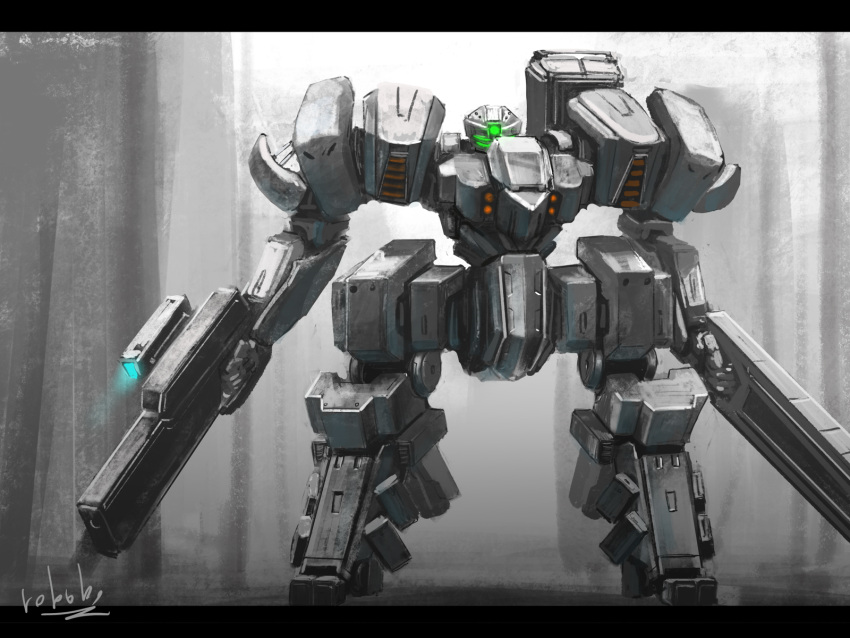 bottoms1237 dual_wielding glowing glowing_eye green_eyes gun highres holding holding_gun holding_weapon looking_at_viewer mecha no_humans one-eyed original science_fiction solo weapon
