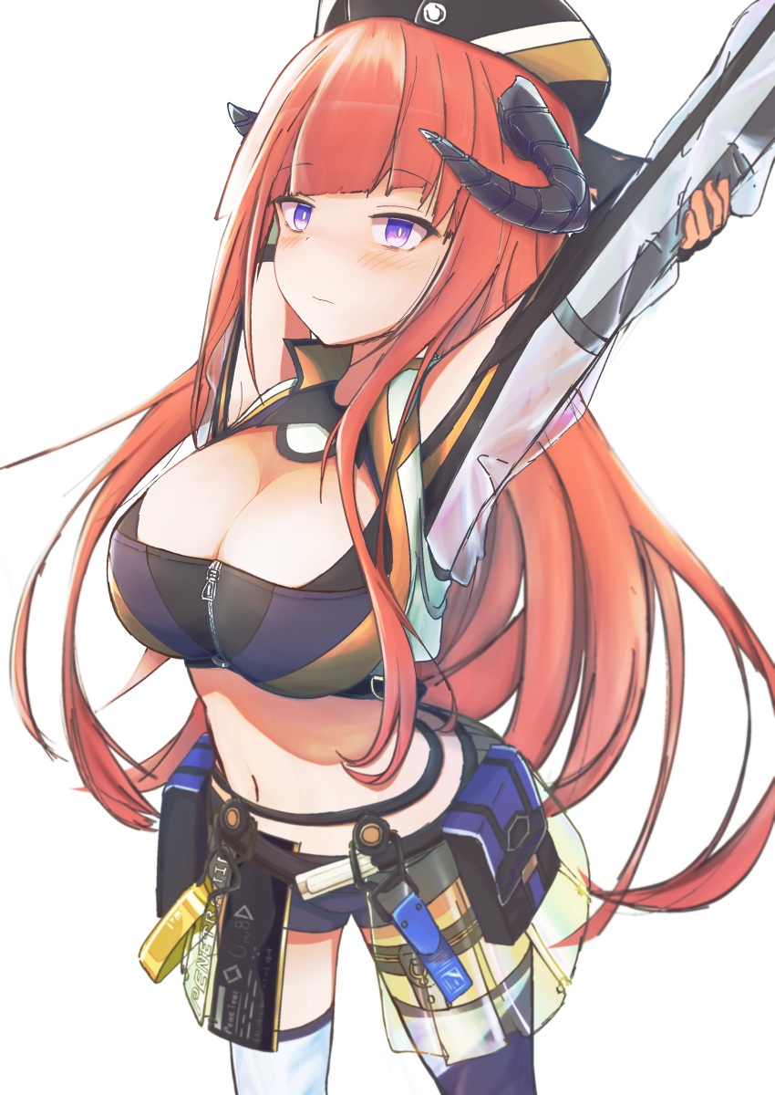 1girl absurdres aoi_mochio arknights arms_behind_head arms_up bagpipe_(arknights) bagpipe_(queen_i)_(arknights) bangs blue_background blue_legwear blush breasts checkered checkered_flag cleavage_cutout closed_mouth clothing_cutout collared_jacket cowboy_shot cropped_jacket dragon_horns expressionless eyebrows_visible_through_hair eyelashes fingerless_gloves flag gloves hand_up highres horns huge_breasts long_hair long_sleeves looking_at_viewer micro_shorts midriff official_alternate_costume orange_hair racequeen shorts shoulder_cutout sidelocks solo stretch thigh-highs two-tone_legwear violet_eyes white_background white_legwear