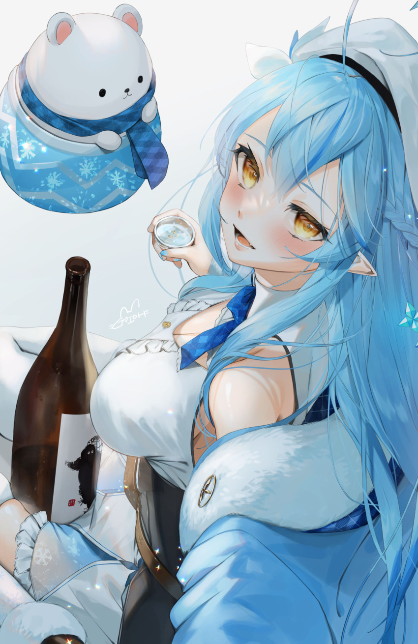 1girl ahoge aqua_nails bangs blue_coat blue_hair blush boots bottle breasts cleavage_cutout clothing_cutout coat dress fur-trimmed_boots fur-trimmed_coat fur_trim gotoh510 halterneck hat highres hololive long_hair looking_at_viewer nail_polish off_shoulder open_mouth pointy_ears sake_bottle shirt signature skirt smile solo stuffed_animal stuffed_toy teddy_bear thigh-highs white_headwear white_legwear white_shirt white_skirt yellow_eyes yukihana_lamy