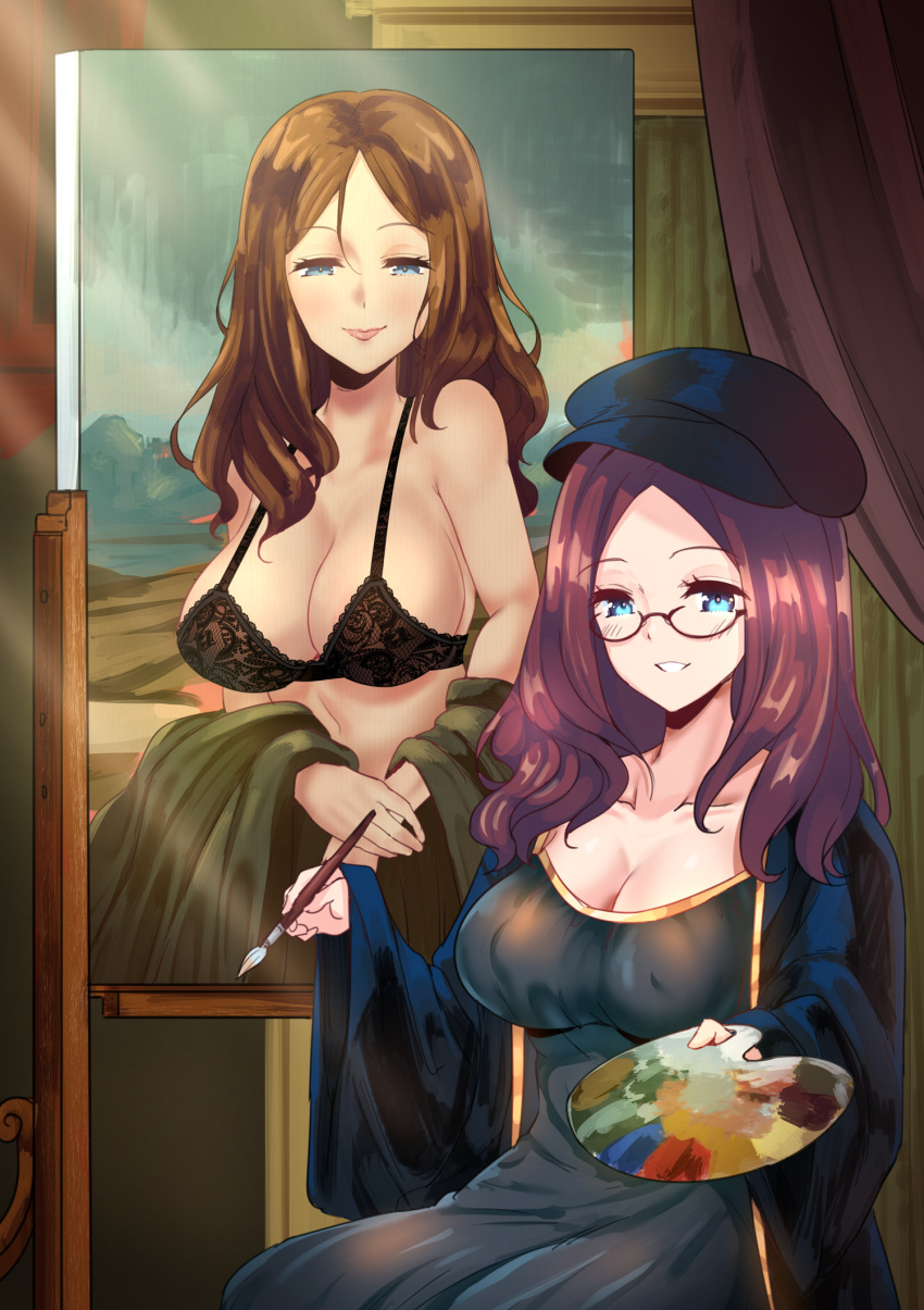 1girl black_bra black_dress black_headwear blue_eyes bra breasts brown_hair dress evangeline_(lewdweather) fate/grand_order fate_(series) glasses hat highres large_breasts leonardo_da_vinci_(fate) long_hair looking_at_viewer mona_lisa paintbrush painting painting_(object) palette revealing_clothes semi-rimless_eyewear sitting solo under-rim_eyewear underwear