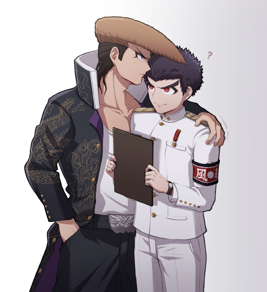 2boys ? arm_around_shoulder armband badge bangs belt black_belt black_coat black_hair black_pants brown_hair buttons coat collarbone commentary_request dangan_ronpa:_trigger_happy_havoc dangan_ronpa_(series) dragon_print hand_in_pocket hands_up hat highres holding ishimaru_kiyotaka jacket long_hair looking_to_the_side male_focus military military_uniform mizukura_ion multicolored_hair multiple_boys oowada_mondo open_clothes open_coat pants pompadour print_coat profile red_eyes school_uniform shirt shirt_tucked_in short_hair simple_background smile standing two-tone_hair uniform watch watch white_background white_gakuran white_jacket white_pants white_shirt widow's_peak