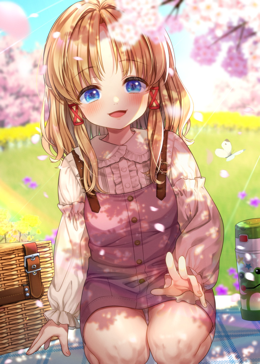 1girl alternate_costume basket blanket blonde_hair blue_eyes blurry blurry_background blush bug butterfly casual cherry_blossoms contemporary dappled_sunlight day grass hair_ribbon head_tilt highres insect long_hair long_sleeves looking_at_viewer moriya_suwako nora_wanko outdoors overalls parted_lips picnic picnic_basket red_ribbon ribbon shirt sidelocks sitting smile solo sunlight suspenders thermos touhou tress_ribbon white_shirt