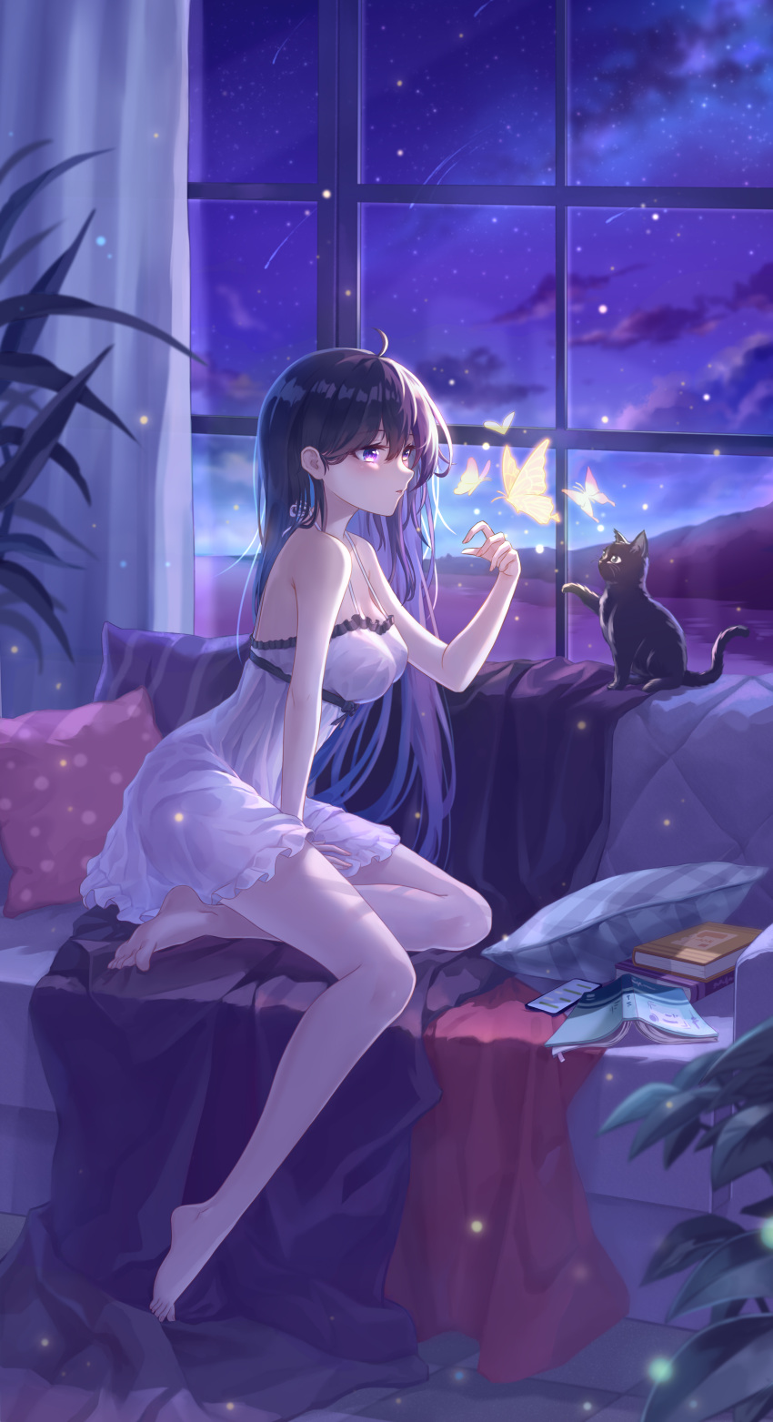 1girl absurdres ahoge animal bangs bare_arms bare_legs bare_shoulders barefoot black_bow black_cat blanket blush book bow breasts bug butterfly cat cellphone commentary_request couch curtains eyebrows_visible_through_hair frills full_body glowing_butterfly highres indoors insect long_hair medium_breasts night night_sky ocean on_couch open_book original parted_lips phone pillow purple_hair shooting_star sitting sky sleeveless smartphone solo spaghetti_strap star_(sky) starry_sky very_long_hair violet_eyes window yelan_xing_xuan