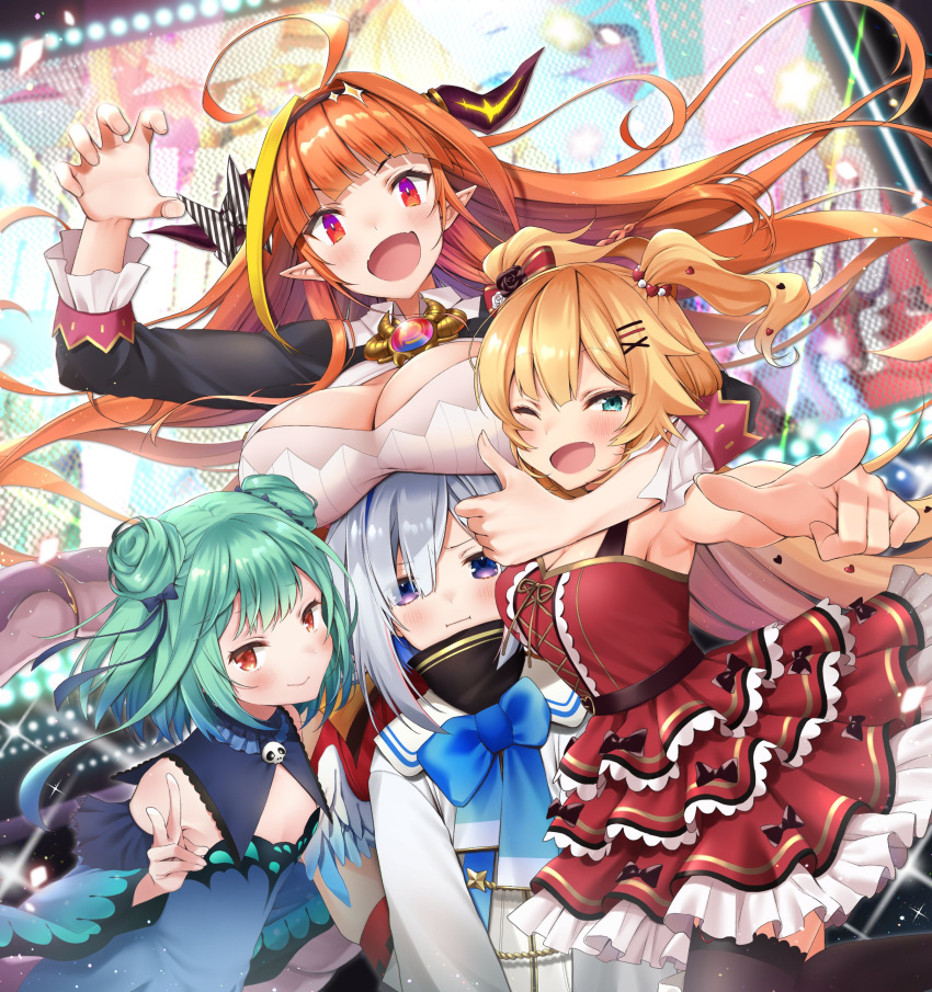 4girls absurdres ahoge akai_haato amane_kanata angel angel_wings animal_print aqua_eyes armpits asymmetrical_bangs bangs bare_shoulders belt blonde_hair blue_dress blue_eyes blue_hair blue_neckwear blue_sleeves blue_wings blunt_bangs blush bow bowtie breast_rest breasts breasts_on_head brooch butterfly_print claw_pose colored_inner_hair detached_collar detached_sleeves diagonal-striped_bow double_bun dragon_girl dragon_horns dragon_tail dress eyebrows_visible_through_hair eyes_visible_through_hair fangs feathered_wings frilled_dress frills gradient gradient_eyes gradient_wings green_hair hair_between_eyes hair_ornament hair_over_one_eye hair_ribbon hairband hairclip heart heart_hair_ornament highres hip_vent hololive hololive_fantasy horn_bow horns jewelry kiryu_coco large_breasts layered_dress long_hair long_sleeves looking_at_viewer makinan mini_wings miniskirt multicolored multicolored_eyes multicolored_hair multicolored_wings multiple_girls one_eye_closed open_mouth orange_hair pink_hair pleated_skirt pointing pointing_at_viewer pointy_ears pout red_dress red_eyes red_ribbon red_skirt ribbon sailor_collar shirt short_dress short_hair side-tie_skirt silver_hair skin_fangs skindentation skirt slit_pupils smile stage strapless strapless_dress streaked_hair striped striped_bow tail thigh-highs thumbs_up turtleneck twintails uruha_rushia very_long_hair violet_eyes virtual_youtuber white_shirt white_wings wide_sleeves wings x_hair_ornament