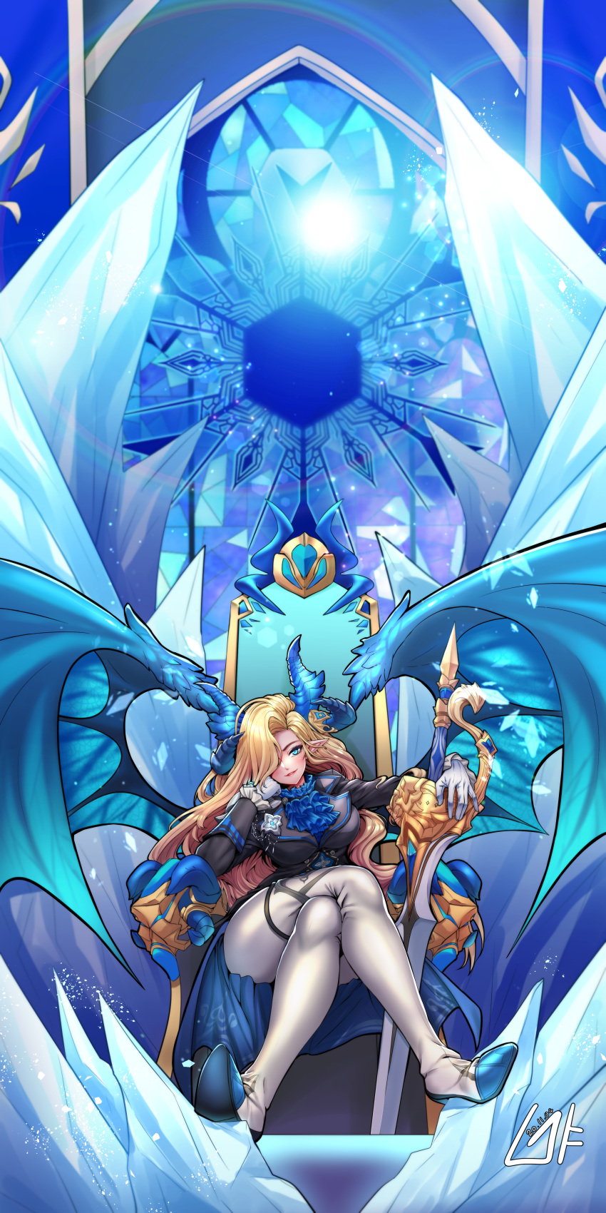 1girl absurdres blonde_hair blue_eyes blue_horns blue_wings demon_girl gloves guardian_tales highres horns huge_filesize ice long_hair looking_at_viewer mopqrkdnl1 noble_succubus_bianca sitting smile sword weapon wings