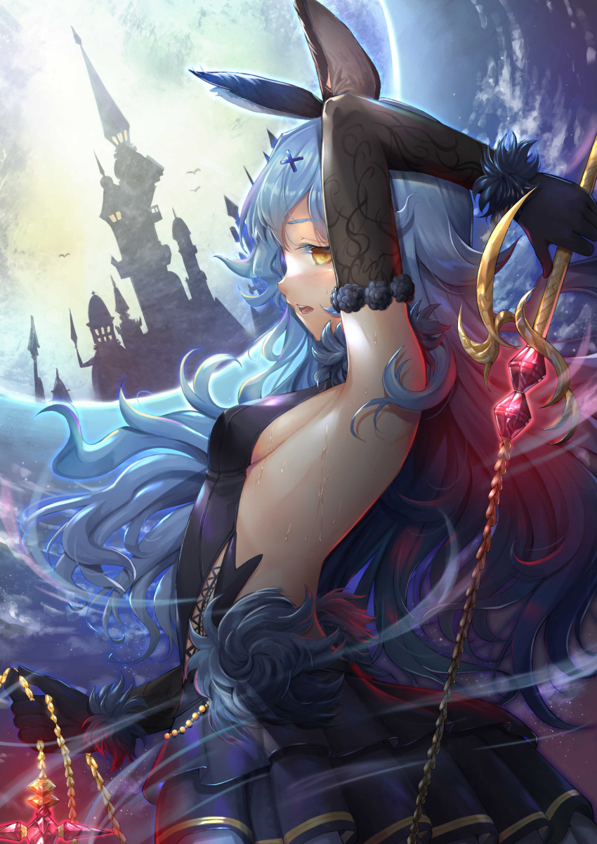 1girl absurdres animal_ears armpits back blue_hair breasts castle detached_sleeves erune ferry_(granblue_fantasy) frilled_skirt frilled_sleeves frills from_side fur_trim granblue_fantasy hair_ornament hairclip highres holding holding_weapon jewelry long_hair long_sleeves looking_to_the_side moon night night_sky open_mouth shuangyijiu sideboob skirt sky small_breasts solo sweat weapon whip yellow_eyes