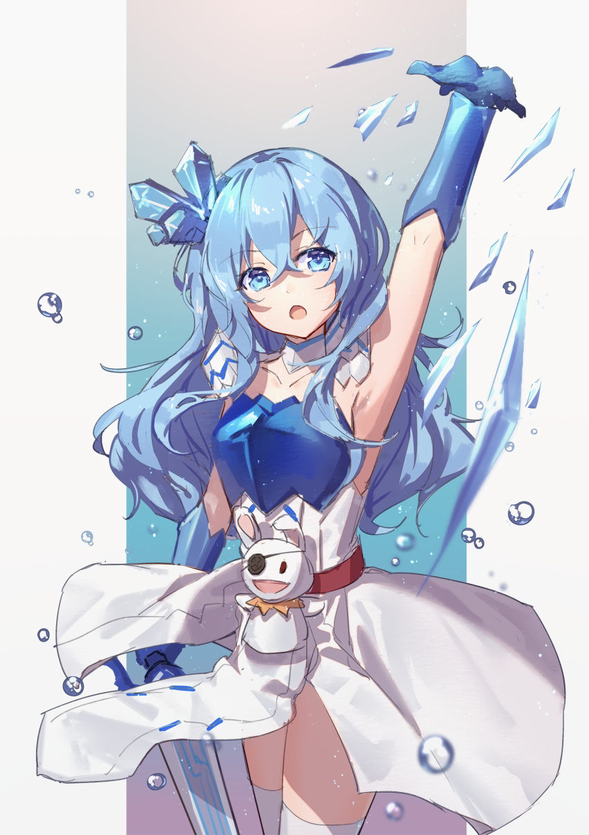 1girl absurdres arm_up armor armpits bangs blue_eyes blue_gloves blue_hair breastplate commentary_request crystal date_a_live dress elbow_gloves eyebrows_visible_through_hair gloves hair_between_eyes hand_puppet highres holding holding_sword holding_weapon ice long_hair mo_(pixiv9929995) open_mouth puppet sword thigh-highs very_long_hair weapon white_dress white_legwear yoshino_(date_a_live) yoshinon