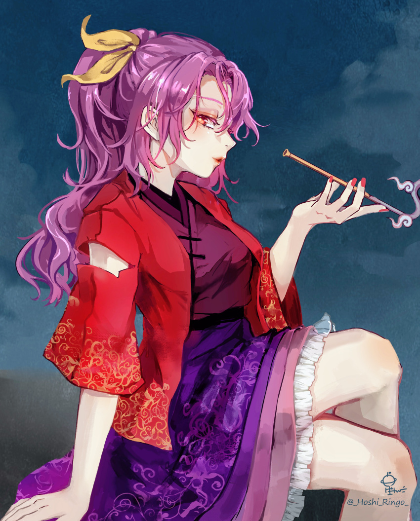 1girl absurdres blowing_smoke crossed_legs fan folding_fan from_side highres holding holding_pipe hoshiringo0902 japanese_clothes kimono kiseru komakusa_sannyo lipstick looking_at_viewer looking_to_the_side makeup nail_polish pipe profile purple_skirt red_eyes red_kimono red_nails red_robe ribbon signature simple_background skirt smoke smoking solo tobacco touhou unconnected_marketeers yellow_ribbon