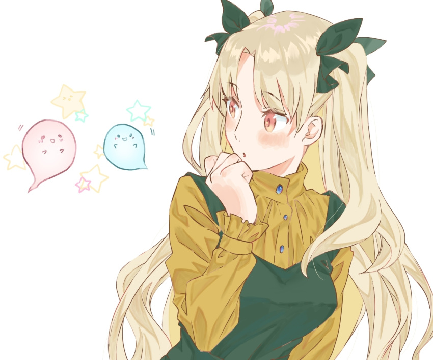 1girl blonde_hair blush casual dress ereshkigal_(fate) eyebrows_visible_through_hair fate/grand_order fate_(series) green_dress long_hair mamecchi open_mouth red_eyes shirt simple_background solo yellow_shirt