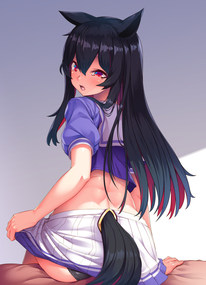 1girl animal_ears arata ass back bangs bed_sheet black_hair black_panties blush colored_inner_hair crop_top from_behind genderswap genderswap_(mtf) highres kemonomimi_mode lifted_by_self looking_at_viewer looking_back miniskirt multicolored_hair on_bed panties purple_shirt red_eyes redhead ren_(witch's_weapon) sailor_collar school_uniform serafuku shirt short_sleeves sitting sitting_on_bed skirt skirt_lift solo tail tail_censor two-tone_background two-tone_hair underwear white_sailor_collar witch's_weapon