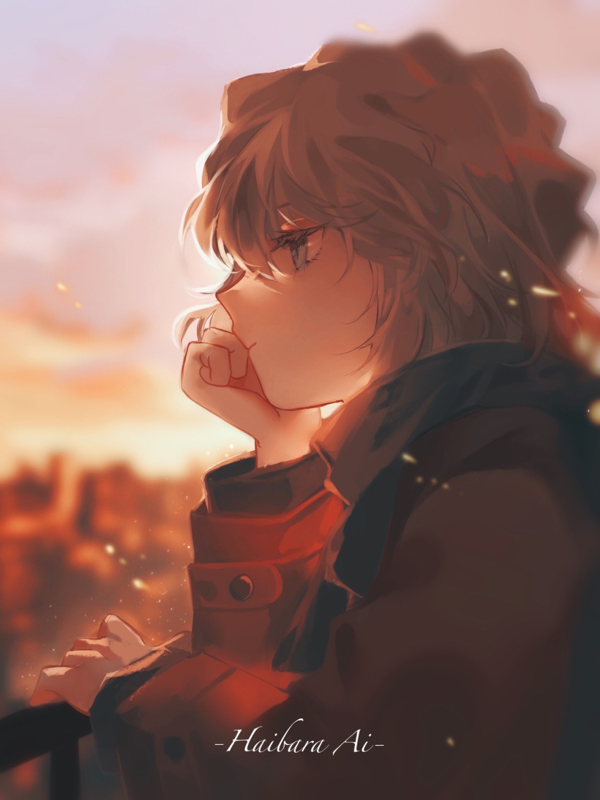 1girl blue_eyes blurry blurry_background brown_coat brown_hair character_name closed_mouth coat dusk from_side haibara_ai head_rest highres long_sleeves meitantei_conan ny_iei outdoors scarf short_hair solo upper_body