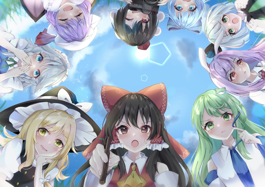 6+girls :o ;d ^_^ absurdres animal_ears ascot bangs bare_shoulders bat_wings black_bow black_hair black_headwear black_neckwear black_ribbon black_vest blonde_hair blue_bow blue_dress blue_eyes blue_hair blue_neckwear blunt_bangs blush bow bowtie breasts bright_pupils brown_eyes buttons camera cirno closed_eyes clouds cloudy_sky collared_shirt commentary_request covering_mouth d: day detached_sleeves dress eyebrows_visible_through_hair fang finger_to_cheek fisheye frilled_hair_tubes frills frog_hair_ornament from_below grass green_eyes green_neckwear green_ribbon green_vest hair_bow hair_intakes hair_ornament hair_ribbon hair_tubes hakurei_reimu hands_up hat hat_bow hat_ribbon highres holding holding_camera holding_stick index_finger_raised izayoi_sakuya kirisame_marisa kochiya_sanae konpaku_youmu leaf lens_flare long_hair looking_at_another looking_at_viewer maid_headdress medium_breasts mob_cap multiple_girls one_eye_closed open_mouth pahenyon pom_pom_(clothes) puffy_short_sleeves puffy_sleeves purple_hair rabbit_ears red_bow red_eyes red_headwear red_neckwear red_ribbon red_vest reisen_udongein_inaba remilia_scarlet ribbon shameimaru_aya shirt short_hair short_sleeves sidelocks silver_hair sky small_breasts smile snake_hair_ornament stick sun sweat swept_bangs tokin_hat touhou twig upper_body upside-down v-shaped_eyebrows vest white_bow white_dress white_headwear white_pupils wings witch_hat yellow_eyes yellow_neckwear