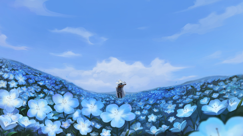 1girl black_pantyhose black_shorts blue_flower blue_hair blue_sky blue_vest cloak clouds day dokomon field flower flower_field hat highres holding holding_instrument instrument long_sleeves music original outdoors pantyhose playing_instrument shirt short_shorts shorts sky solo vest violin white_cloak white_headwear white_shirt witch_hat