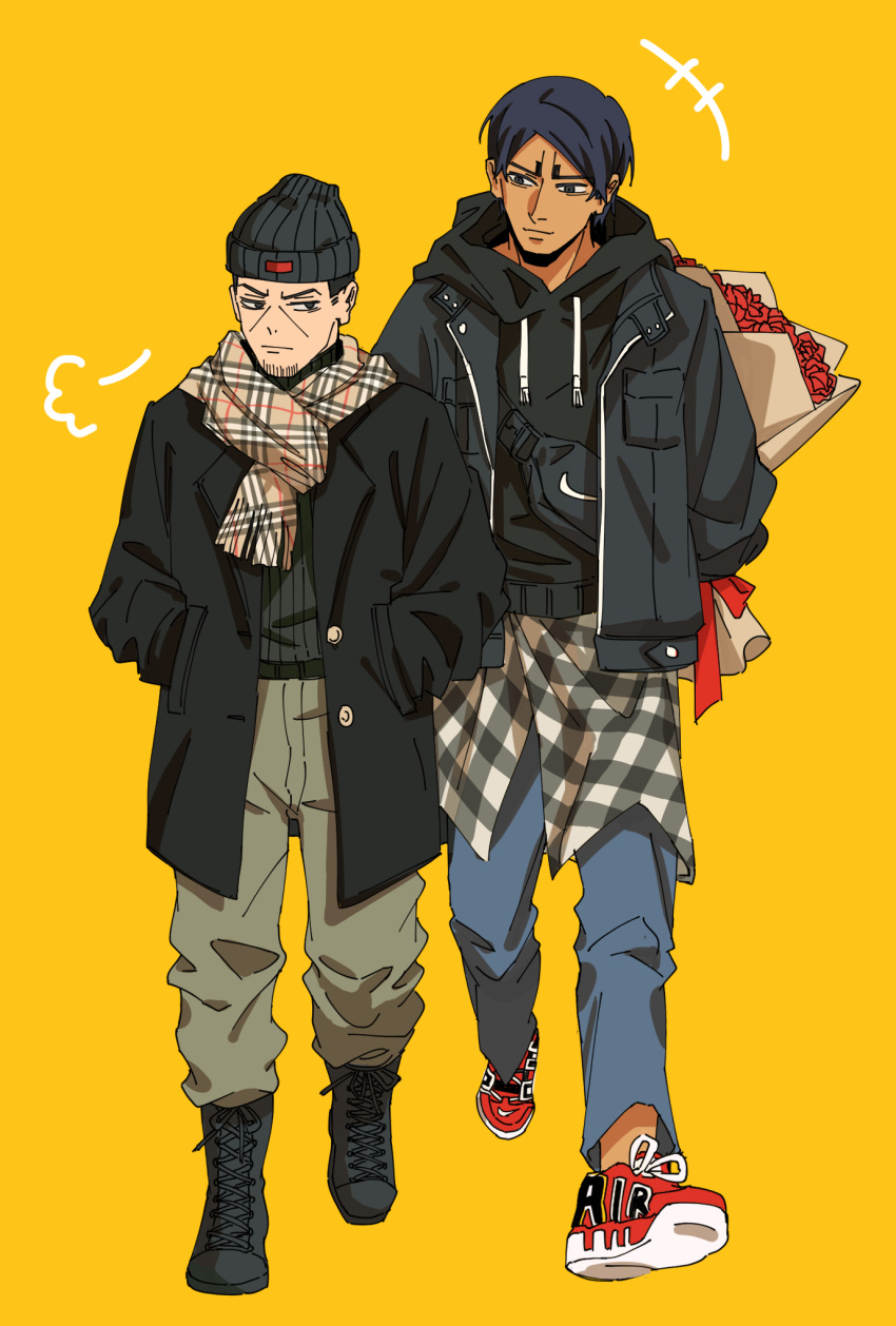 2boys arm_behind_back beanie black_coat black_footwear black_hair black_hoodie bouquet coat contemporary cross-laced_footwear dark_skin dark_skinned_male denim facial_hair fanny_pack flower golden_kamuy hands_in_pockets hat highres holding holding_bouquet hood hood_down hoodie jacket jeans koito_otonoshin looking_at_another male_focus multiple_boys pants plaid plaid_scarf red_footwear scarf shoes sneakers stubble thick_eyebrows tsukishima_hajime walking yellow_background zhege_qiongsi_bu_tai_leng