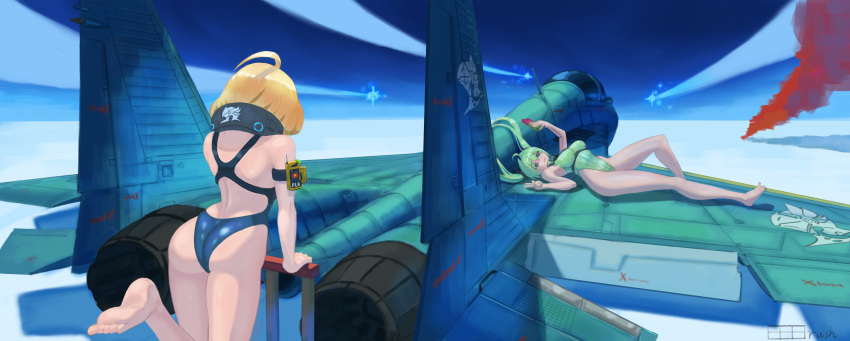 2girls :3 absurdres ahoge aircraft airplane ass bbbrush blonde_hair breasts fighter_jet from_behind full_body green_eyes green_hair highres jet last_origin long_hair looking_at_viewer mig-29 military military_vehicle multiple_girls one-piece_swimsuit outdoors p-29_lindwurm p/a-00_griffon selfie short_hair swimsuit twintails
