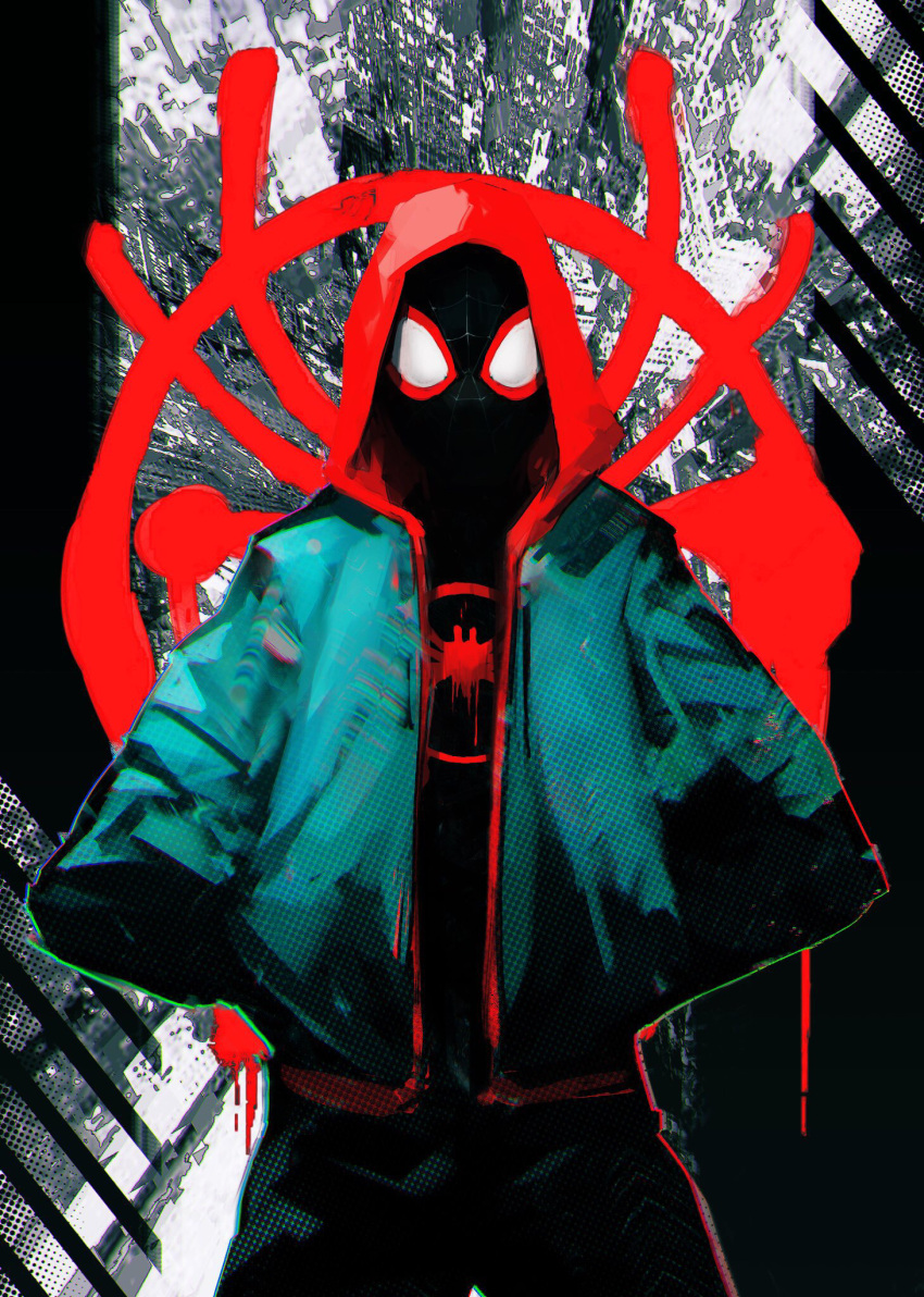 1boy black_bodysuit bodysuit covered_face facing_viewer green_jacket hands_in_pockets highres hironakata hood hood_up hooded_bodysuit hoodie jacket looking_at_viewer male_focus mask miles_morales red_hoodie solo spider-man:_into_the_spider-verse spider-man_(miles_morales) spider-man_(series) spider_web_print superhero