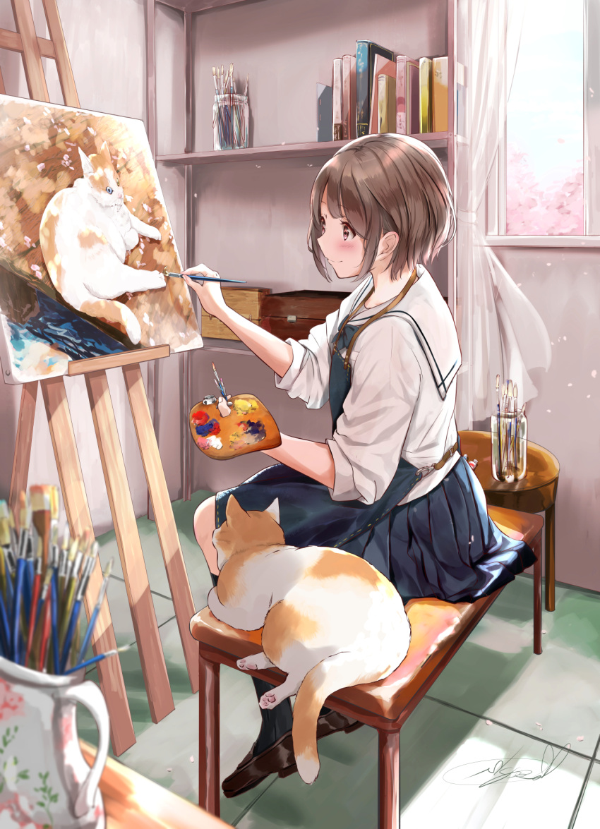 1girl apron bench blue_skirt blush book brown_eyes brown_hair canvas_(object) cat cherry_blossoms closed_mouth curtains easel flower highres holding holding_paintbrush indoors long_sleeves original paintbrush painting painting_(object) palette pleated_skirt sailor_collar school_uniform serafuku shelf shirt short_hair skirt smile soragane_(banisinngurei) spring_(season) tree uniform white_sailor_collar white_shirt window