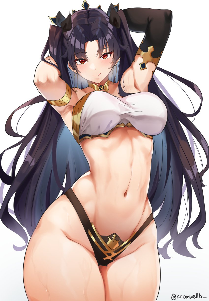 1girl :q absurdres armlet armpits arms_behind_head arms_up asymmetrical_sleeves bandeau bangs bare_shoulders bikini black_hair black_legwear blush bracelet breasts closed_mouth collarbone contrapposto cowboy_shot cromwellb crown day detached_sleeves earrings elbow_gloves eyebrows_visible_through_hair eyelashes fate/grand_order fate_(series) frown gloves gold_trim groin hair_ribbon highleg highleg_bikini highres hoop_earrings horizon ishtar_(fate) ishtar_(fate)_(all) jewelry large_breasts legs_together long_hair looking_at_viewer midriff mismatched_bikini mountainous_horizon navel neck_ring necklace outdoors outside_border parted_bangs red_eyes ribbon sidelocks simple_background single_detached_sleeve single_elbow_glove single_sleeve single_thighhigh smile solo standing stomach strapless swimsuit thigh-highs thighs tiara tongue tongue_out tubetop two_side_up very_long_hair white_background