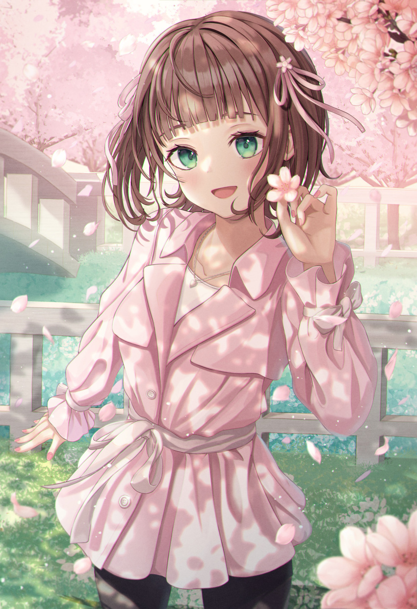1girl :d absurdres amami_haruka bangs black_pants brown_hair cherry_blossoms collarbone commentary_request cowboy_shot eyebrows_visible_through_hair flower funii green_eyes hair_flower hair_ornament hair_ribbon hand_up highres holding holding_flower idolmaster idolmaster_(classic) jacket long_sleeves looking_at_viewer nail_polish open_mouth pants pink_flower pink_jacket pink_nails pink_ribbon railing ribbon shirt smile solo standing tree tree_branch white_shirt