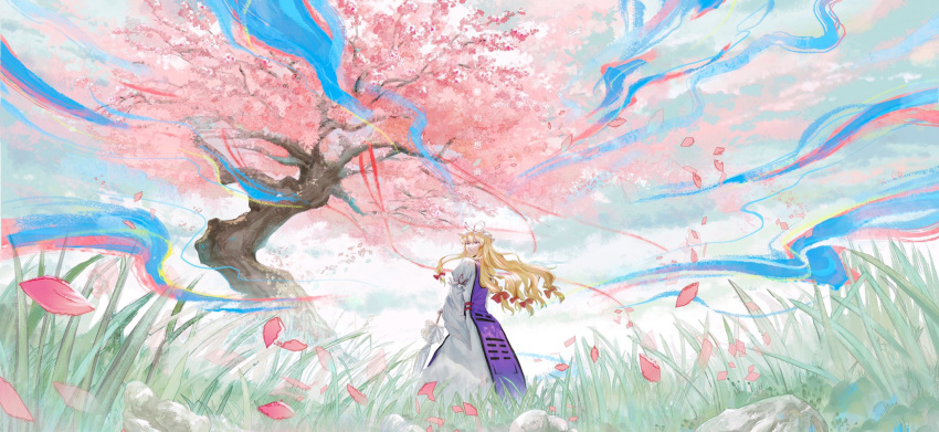 1girl arm_garter bagua blonde_hair cherry_blossoms cherry_tree closed_umbrella dress from_behind from_below grass hat hat_ribbon highres holding holding_umbrella long_hair long_sleeves looking_back mob_cap parasol perfect_cherry_blossom petals red_ribbon ribbon rock solo standing tabard touhou tree trigram umbrella violet_eyes white_dress wide_shot wide_sleeves wind yakumo_yukari you33ou