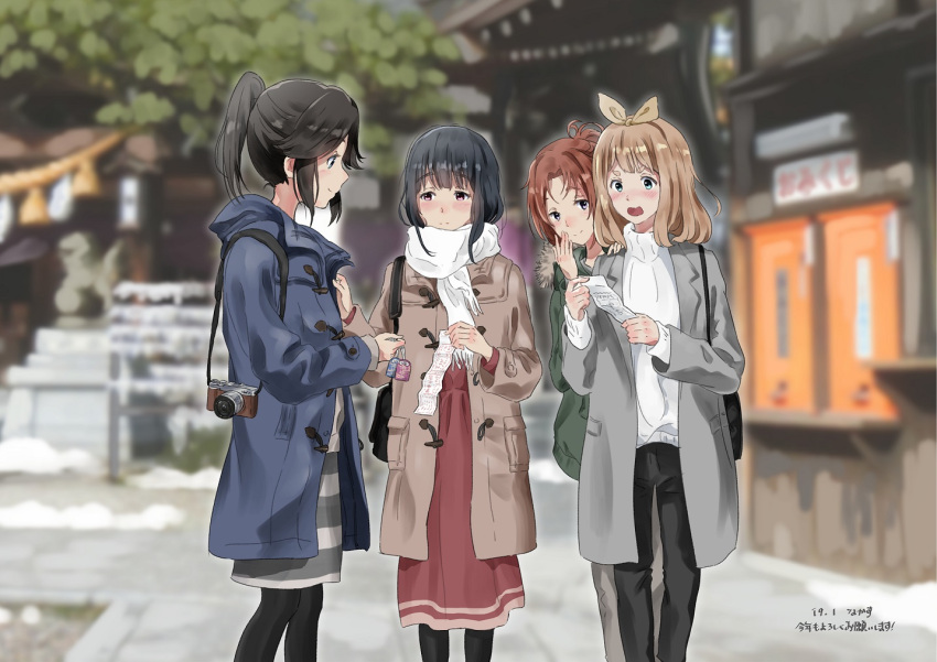 4girls bag black_hair black_legwear black_pants blonde_hair blue_eyes blue_hair blue_jacket blurry blurry_background blush brown_hair brown_jacket camera closed_mouth dress green_eyes green_jacket grey_jacket hair_ribbon handbag hibike!_euphonium jacket kasaki_nozomi liz_to_aoi_tori long_hair medium_hair multiple_girls nakagawa_natsuki open_mouth outdoors pants pantyhose pink_eyes ponytail red_dress ribbon scarf shrine smile standing sweater tree tree_bowbow white_scarf white_sweater yellow_ribbon yoroizuka_mizore yoshikawa_yuuko