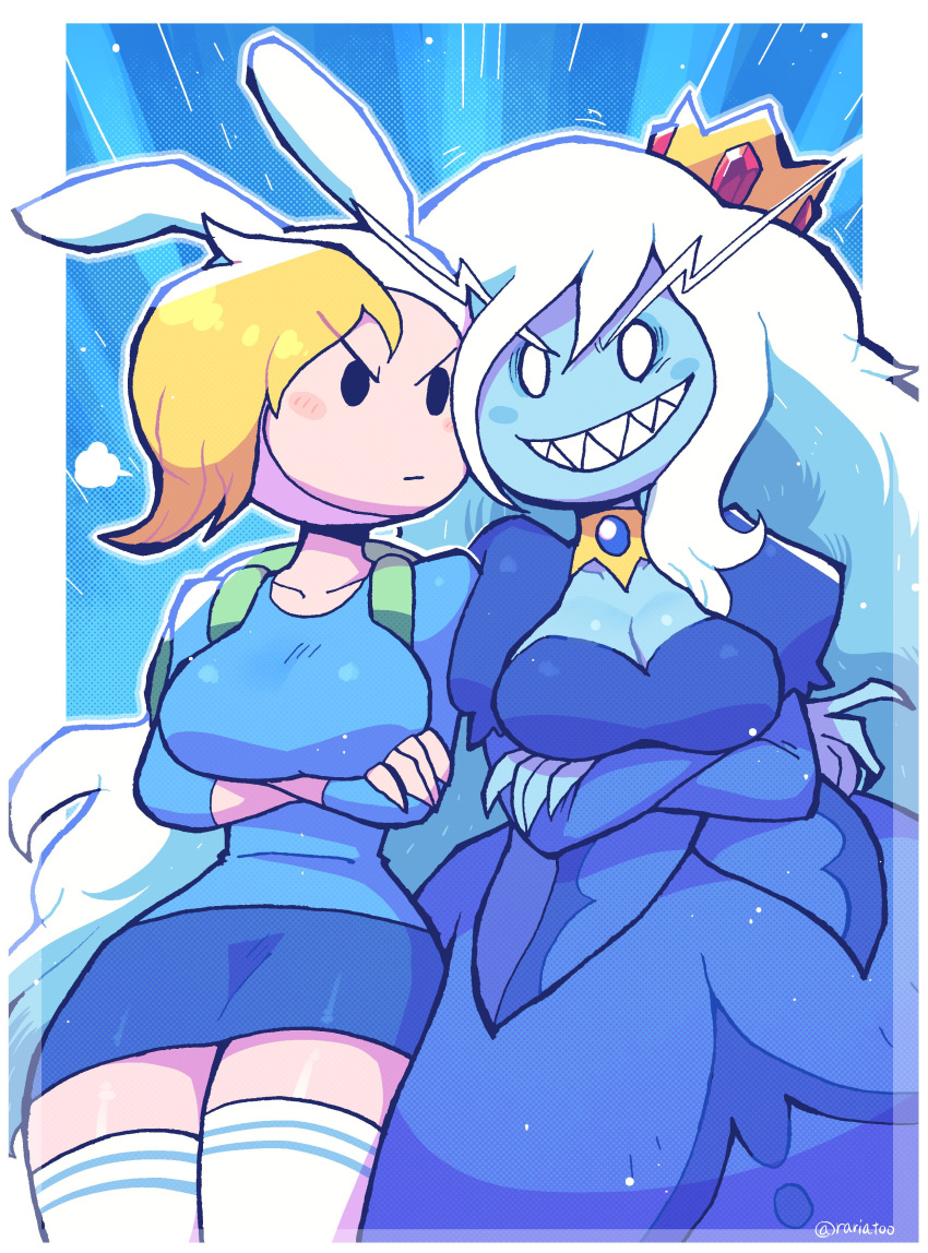 2girls absurdres adventure_time animal_ears animal_hood backpack bag bangs blonde_hair blue_skin blue_skirt blush_stickers breasts colored_skin crossed_arms crown curvy fionna_the_human_girl genderswap genderswap_(mtf) grin highres hood ice_queen_(adventure_time) large_breasts long_hair multiple_girls planted_sword planted_weapon rabbit_ears rariatto_(ganguri) ribbed_sweater rivals sharp_teeth silver_hair skirt smile sweater sword teeth thick_thighs thigh-highs thighs tongue tongue_out very_long_hair weapon white_legwear wide_hips