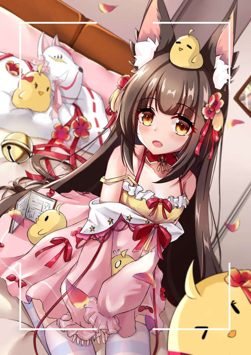 1girl absurdres animal animal_ear_fluff animal_ears animal_on_head azur_lane bangs bird black_hair brown_eyes camisole chick commentary_request dress dutch_angle eyebrows_visible_through_hair fox_ears fox_mask highres long_hair long_sleeves manjuu_(azur_lane) mask mask_removed nagato-chan nagato_(azur_lane) nagato_(fox_vacation_day)_(azur_lane) off_shoulder official_alternate_costume on_head pink_dress puffy_long_sleeves puffy_sleeves revision seiza sitting sleeves_past_wrists solo thigh-highs very_long_hair viewfinder white_legwear yellow_camisole