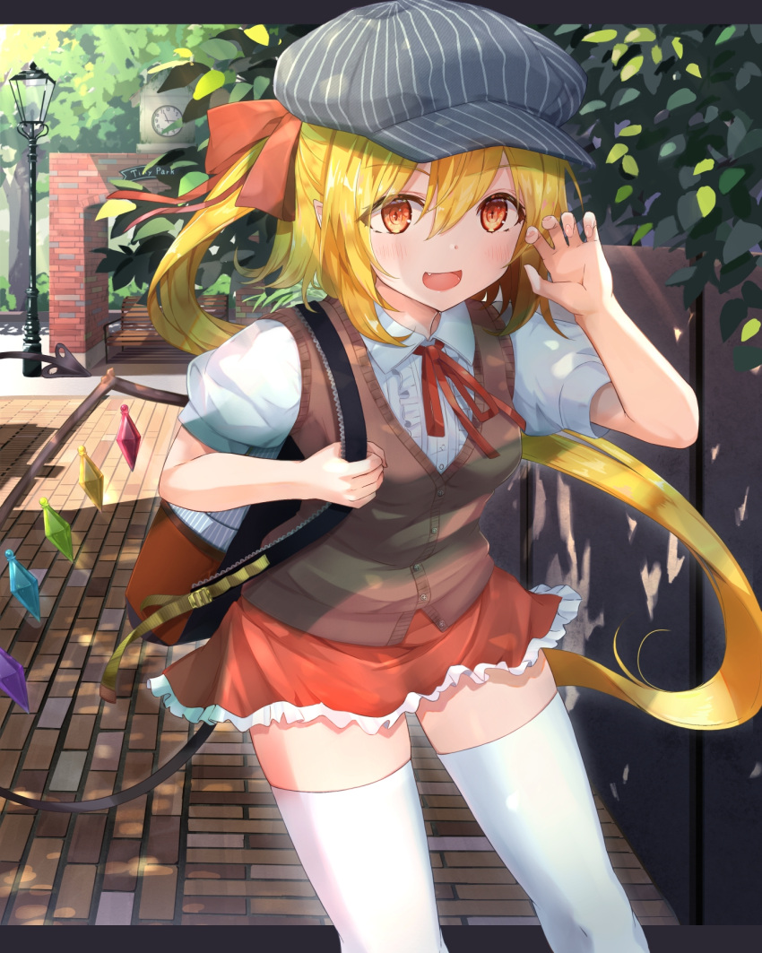 1girl :d alternate_costume backpack bag bangs blonde_hair blush bow breasts brick_road brown_bag brown_vest center_frills clock commentary_request crystal day eyebrows_visible_through_hair fang feet_out_of_frame flandre_scarlet frills grey_headwear hair_between_eyes hair_bow hand_up hat highres laevatein_(tail) lamppost looking_at_viewer medium_breasts medium_hair miniskirt one_side_up open_mouth orange_eyes outdoors petticoat pointy_ears puffy_short_sleeves puffy_sleeves red_bow red_neckwear red_ribbon red_skirt ribbon shirt short_sleeves skirt smile solo standing tail thigh-highs torottye touhou vest white_legwear white_shirt wings