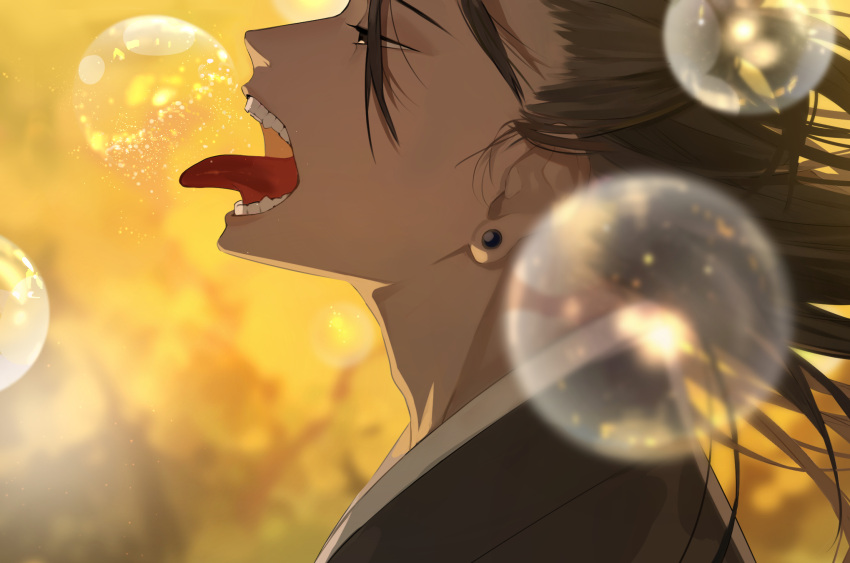 1boy adam's_apple black_eyes black_hair blurry blurry_background blurry_foreground bubble commentary_request earrings floating_hair from_side getou_suguru hair_pulled_back half-closed_eyes highres japanese_clothes jewelry jujutsu_kaisen kimono long_hair male_focus open_mouth picube525528 profile solo teeth tongue tongue_out yellow_background