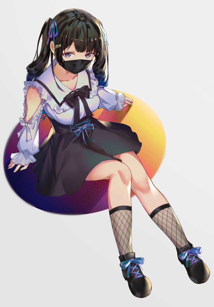 1girl absurdres black_bow black_footwear black_hair blue_ribbon bow breasts collarbone collared_shirt commentary_request fishnet_legwear fishnets frilled_shirt_collar frills full_body grey_background hair_ornament hair_ribbon highres knee_up long_hair long_sleeves looking_at_viewer mask medium_breasts mouth_mask nijisanji puffy_long_sleeves puffy_sleeves ribbon shirt shoes sitting sleeves_past_wrists socks solo tsukino_mito twintails virtual_youtuber wang_man white_shirt