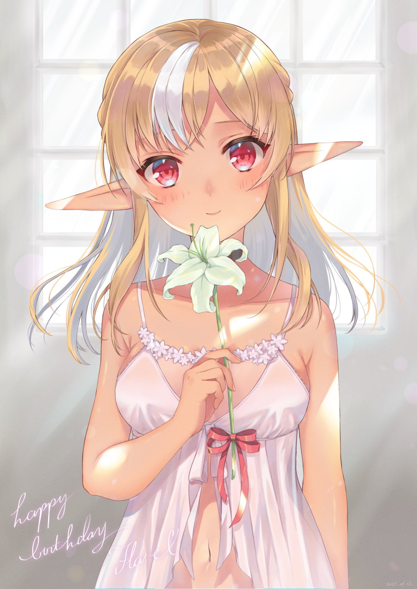 1girl babydoll bangs bare_arms bare_shoulders blonde_hair blush breasts character_name closed_mouth collarbone commentary_request dark_skin dark-skinned_female elf eyebrows_visible_through_hair flower happy_birthday highres holding holding_flower hololive indoors kabi_akaru lily_(flower) looking_at_viewer multicolored_hair navel pointy_ears red_eyes red_ribbon ribbon shiranui_flare small_breasts smile solo streaked_hair two-tone_hair underwear underwear_only virtual_youtuber white_hair window