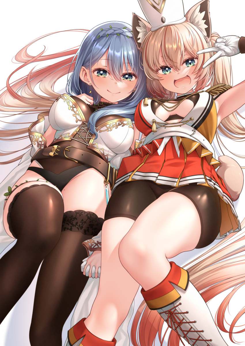 2girls animal_ear_fluff animal_ears armpits bangs belt black_legwear black_shorts boots breasts brown_belt character_request closed_mouth copyright_request earrings eyebrows_visible_through_hair feet_out_of_frame from_below gloves green_eyes hair_between_eyes hat highres holding_hands jewelry knee_boots knee_up kneehighs light_brown_hair looking_at_viewer multiple_girls open_mouth pleated_skirt red_skirt shorts silver_hair simple_background skirt smile thigh-highs thighs tokunou_shoutarou v virtual_youtuber white_background white_footwear white_gloves white_headwear