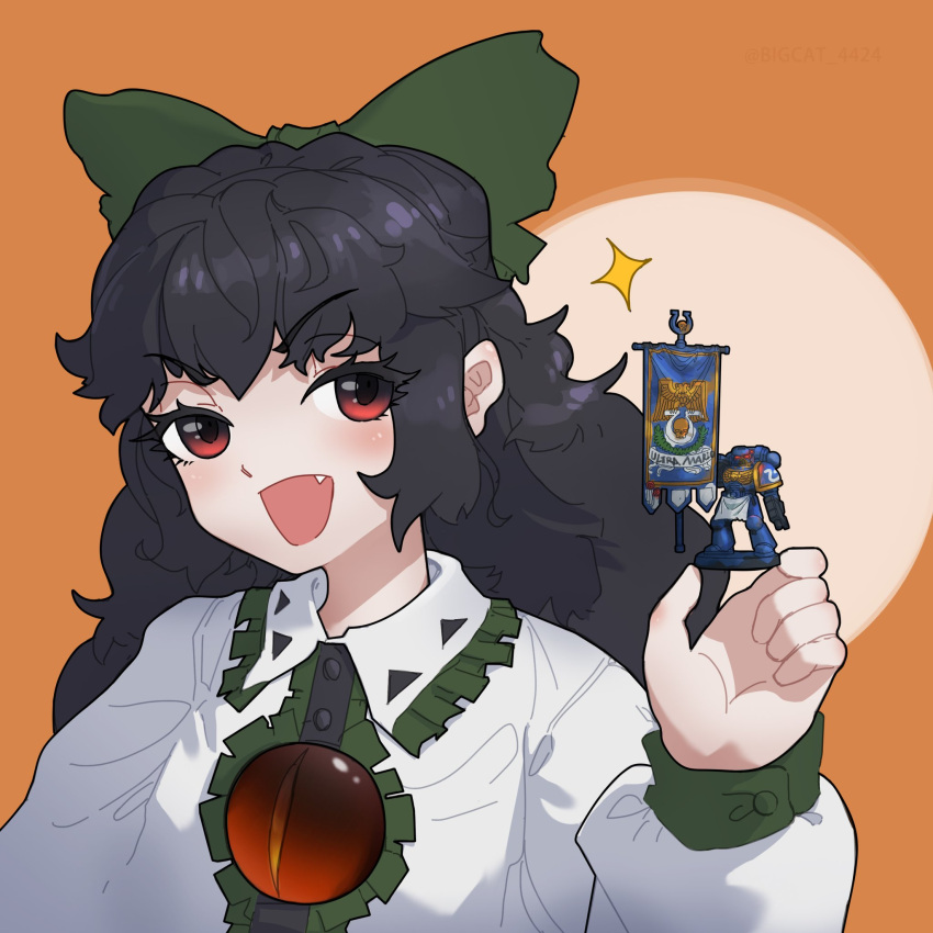 1girl bangs banner bigcat_114514 black_hair blouse blush bow buttons collared_blouse commentary english_commentary eyebrows_visible_through_hair figure green_bow hair_bow highres holding long_hair long_sleeves looking_at_viewer open_mouth orange_background red_eyes reiuji_utsuho solo third_eye touhou ultramarines upper_body warhammer_40k wavy_hair white_blouse