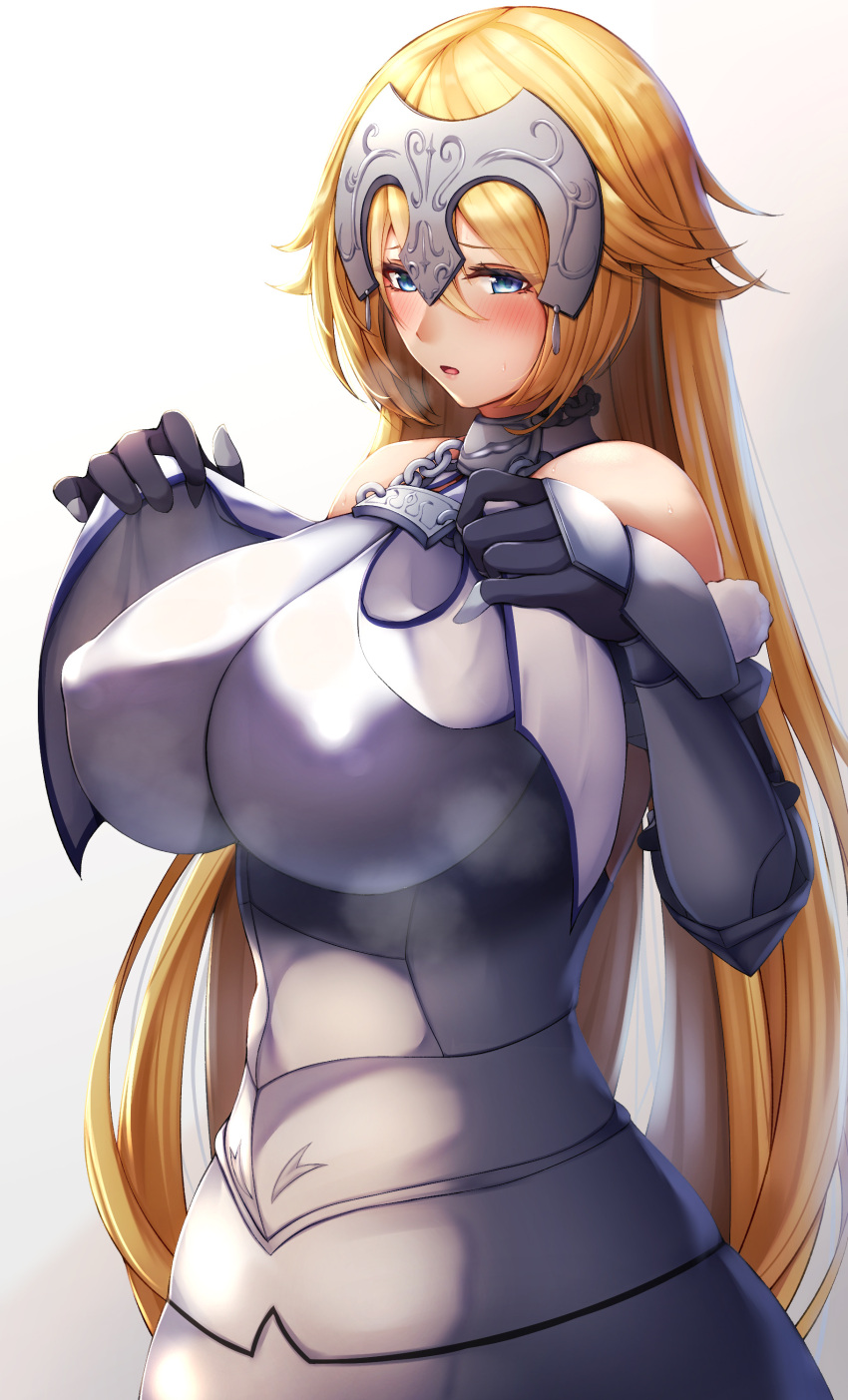1girl absurdres armor armored_dress blonde_hair blue_eyes blush breasts chain covered_nipples fate/grand_order fate_(series) fur_trim gauntlets headpiece highres huge_breasts impossible_armor jeanne_d'arc_(fate) jeanne_d'arc_(fate)_(all) long_hair plackart solo tiri_man upper_body very_long_hair