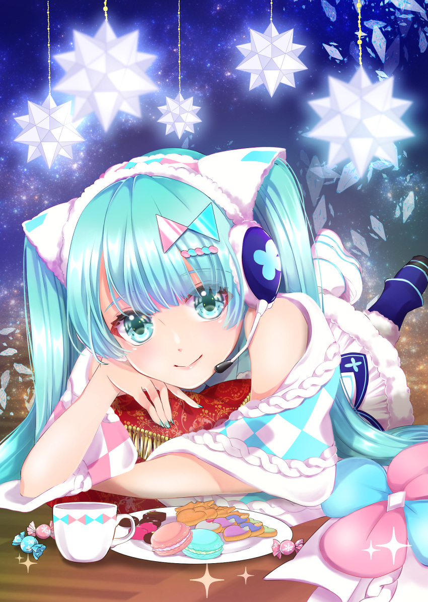 1girl aqua_eyes asymmetrical_footwear asymmetrical_legwear blue_footwear blue_hair blue_nails closed_mouth cup eyebrows_visible_through_hair fur-trimmed_skirt fur_trim hatsune_miku headphones headset highres long_hair looking_at_viewer lying microphone nail_polish on_stomach shimako shiny shiny_hair skirt smile solo teacup twintails very_long_hair vocaloid white_footwear white_skirt