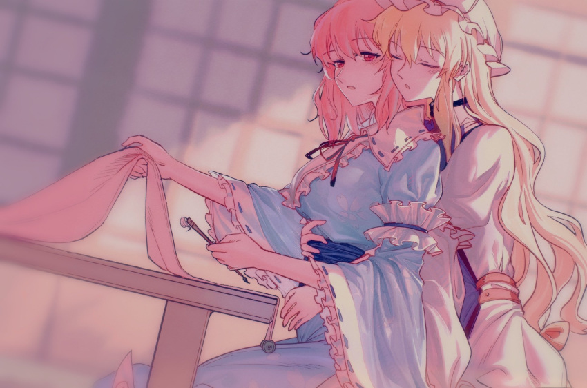 2girls :o arm_garter blonde_hair blue_kimono breasts calligraphy_brush closed_eyes dress floral_print frilled_kimono frills hat hat_ribbon highres holding holding_brush hug hug_from_behind japanese_clothes kimono large_breasts long_hair long_sleeves medium_hair mob_cap multiple_girls no_hat no_headwear obi open_mouth paintbrush pink_hair puffy_short_sleeves puffy_sleeves red_eyes red_ribbon ribbon ribbon_trim saigyouji_yuyuko sash short_over_long_sleeves short_sleeves tabard touhou wavy_hair white_dress wide_sleeves yakumo_yukari you33ou yuri